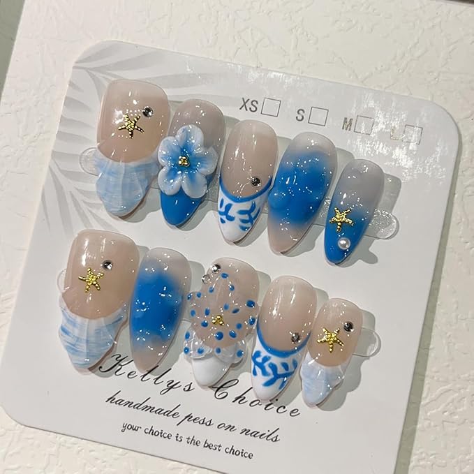 10Pcs Blue Flower Press on Nails Medium Almond French Tip Fake Nails 3D Flowers Starfish with Rhinestones Glitter Designs Full Cover Glue on Nails Summer False Nails for Women Girls Acrylic Nails