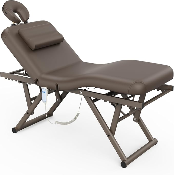 pouseayar Adjustable Massage Table with Face Pillow & Headrest, Sturdy and Solid, Silent and Easy to Adjust - Adjustable Backrest, Electric Leg Lifting, Brown
