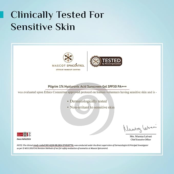 Pilgrim 1% Hyaluronic Acid Sunscreen Gel SPF 50 PA+++ | Broad Spectrum UVA/UVB & Blue Light Protection | Lightweight, Non-Greasy, Fast-Absorbing, Hydrating Aqua Gel | Face & Body | 1.76 Oz (50gm)