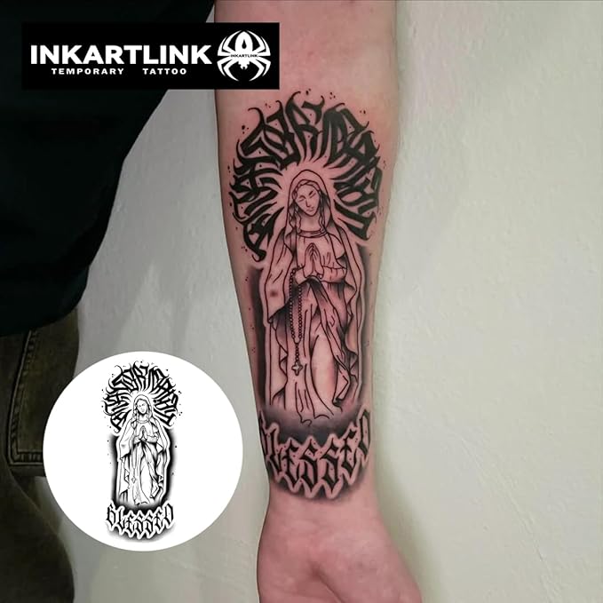INKARTLINK Semi Permanent Tattoo, party tattoo, beautiful and realistic design, fun tattoo experience, cruelty-free, non-reflective, waterproof (Holy Mother 3)