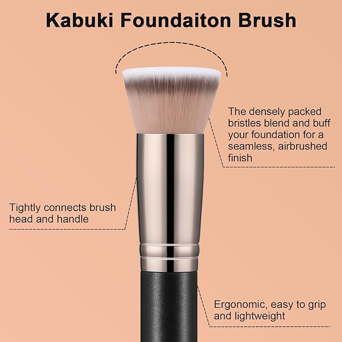 TEOYALL Kabuki Foundaiton Brush, Soft Dense Synthetic Bristles Flat Top Blending Buffing Brush For Liquid Cream Contour Bronzer Foundation
