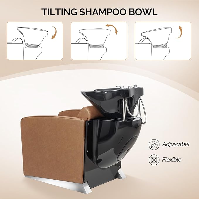 OmySalon Backwash Shampoo Unit for Salon, Hair Washing Station with Ceramic Bowl Adjustable Footrest, Reclining Shampoo Chair for Beauty Spa Barbershop