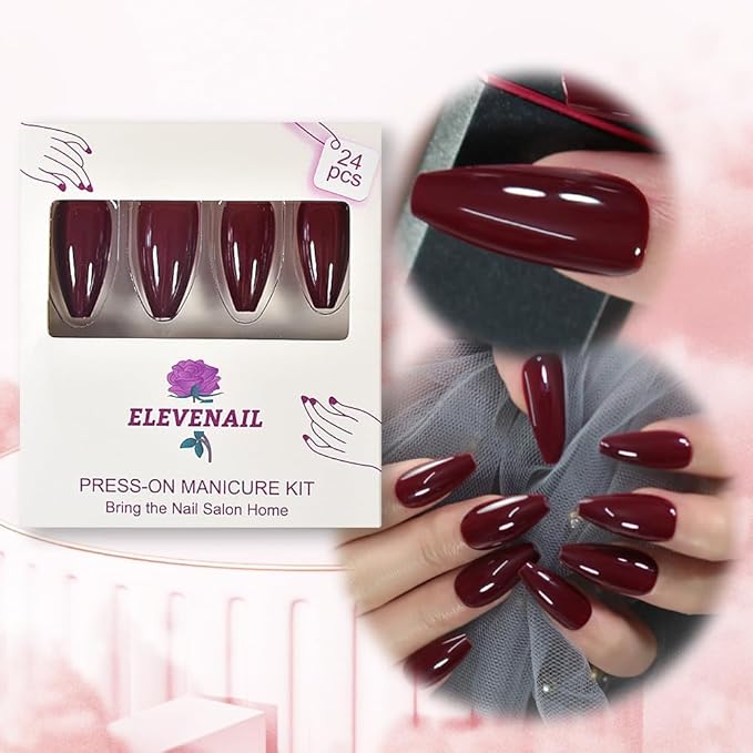 Glossy Deep Cherry Red Fake Nails Long Ballerina Coffin Press on False Nails Manicure Nail Tips Set for Women Girls Finger Wearable