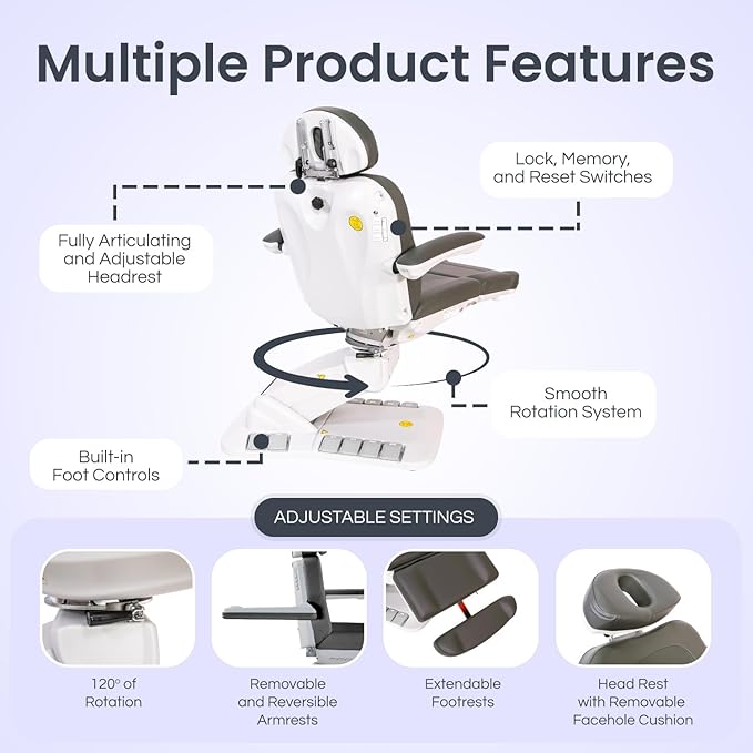 Premium Facial Bed for Esthetician, Electric Med Spa Chair with 120° Rotation, Built-in Foot Controls, Medical-Grade Microfiber, 2-Year Warranty, Memory Functions - 2246EBM, Gray