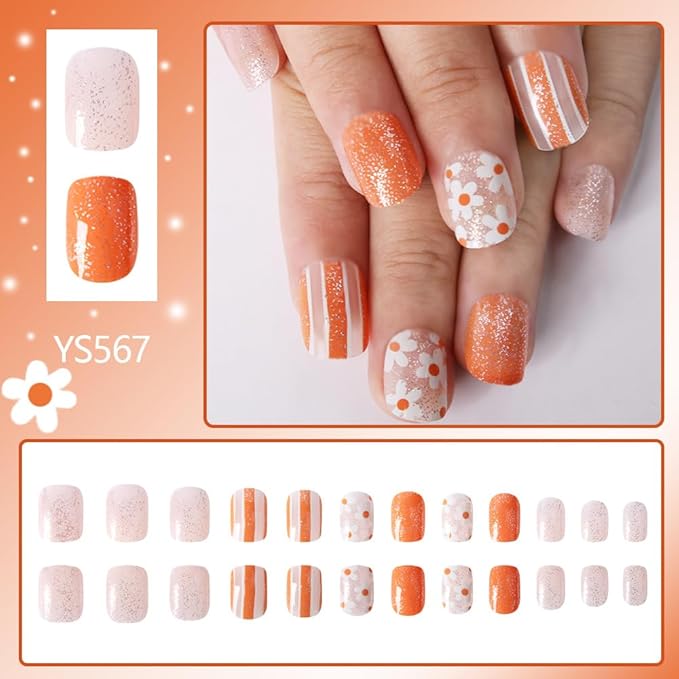 Spring Press on Nails Short Flower Fake Nails Square Shaped False Nails Floral Designs Acrylic Nail Tips Glossy Glitter Glue on Nails Spring Summer Artificial Stick on Nails for Women Girls