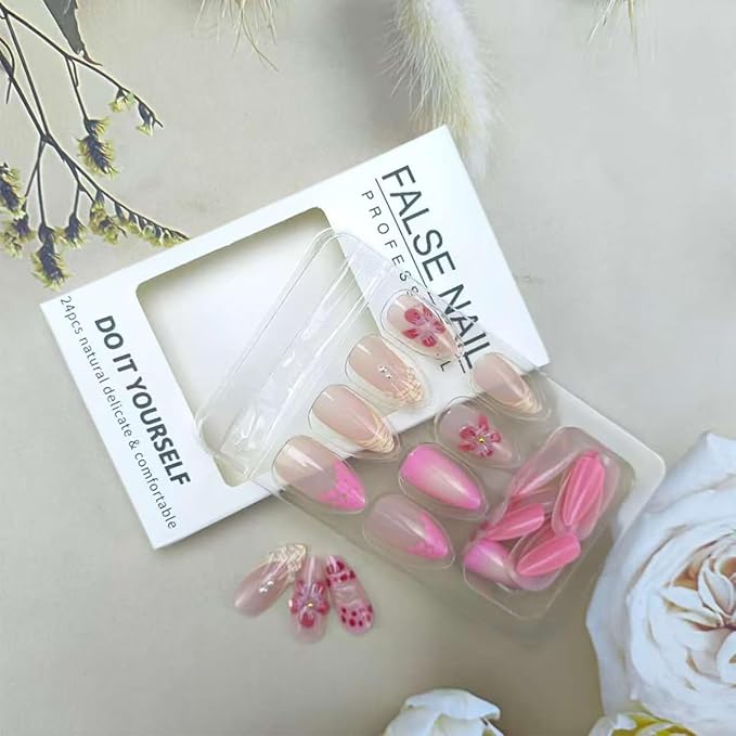 Short Press on Nails Almond Nails Tips Autumn Fake Nails French Tip Glue on Nails Nude Gloss Acrylic Nail Reusable 3D Flower Stick on Nail Full Cover False Nail for Women Manicure Accessories 24Pcs