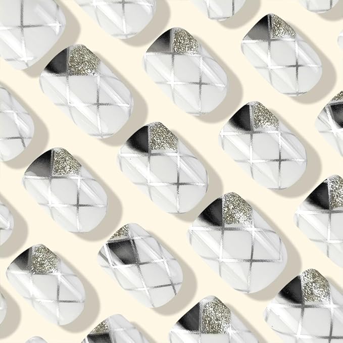 Silver Press on Nails Short Square Fake Nails Glossy White Acrylic Nails with Plaid Line Design Squoval False Nails Full Cover Glue on Nails for Women Girls Nails Decoration 24 Pcs