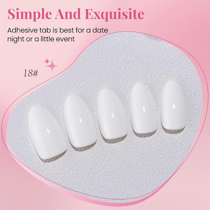 evpct Glossy Press on Nails Short Almond Short for Women, White Fake Nail with Glue Salon Quality Reusable Stick on Nails In 15 Sizes 30Pcs Full Cover False Nail Soft Gel Set Kit for Gift, 18