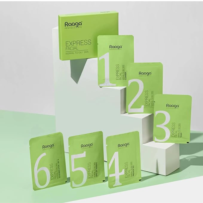 Raaga Professional Express Single Use Facial Kit | For Oily & Acne-Prone Skin | 6-Step Skincare Set At Home | Cleanser, Scrub, Toner, Massage Gel, Face Mask & Sunscreen | 35g/1.23 Oz