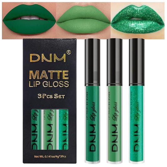 evpct 3Pcs Dark Pale Teal Forest Emerald Green Matte Glitter Shimmer Shiny Liquid Lipstick Lip Stain Sets for Women Matte+Lipstick Long Lasting Waterproof 24 hr Magic Lipstick 24 Hours original