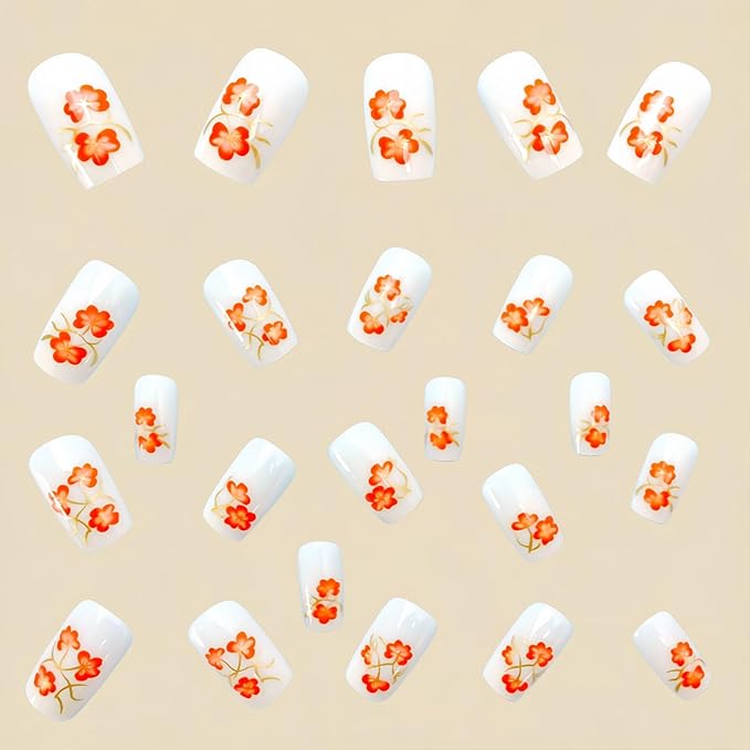 White Press on Nails Medium Square Fake Nails with Flower Designs Spring Nails Press ons Summer Acrylic Nails for Women 24Pcs