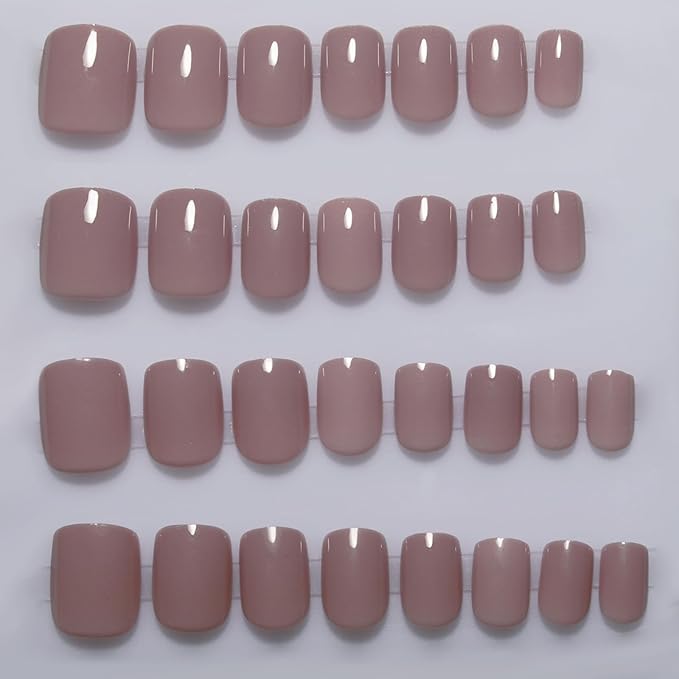 Caramel Beige Press On Nails Short, Glossy Soft Gel Press On Nails Square with Nail Glue, 15 Sizes - 30 Fake Nails Kit, Thick Natural Reusable Glue On Nails for Women, Silken Caramel