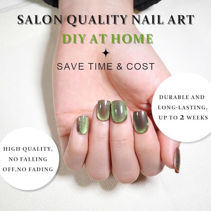 evpct Light Green Cat Eye Extra Short Press on Nails Square, Petite Short Square Glue on Nails for Women Gift, Light Green Metallic Glitter Glossy Reusable Gel Press on Acrylic Fake Nail with Designs