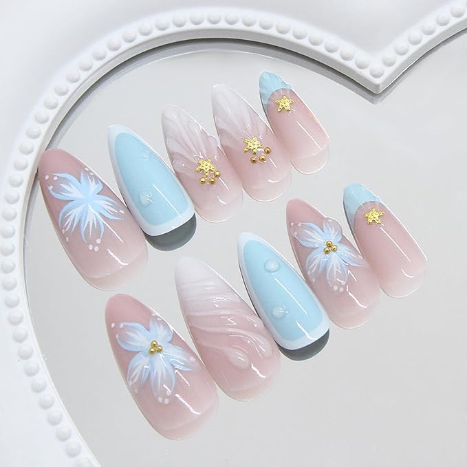24Pcs Blue Summer Press on Nails Medium Almond Fake Nails with Gold Beads Starfish Glue on Nails 3D Flower Acrylic Nails Ocean Beach False Nails French Tip Stick on Nails for Women Nail Art Designs