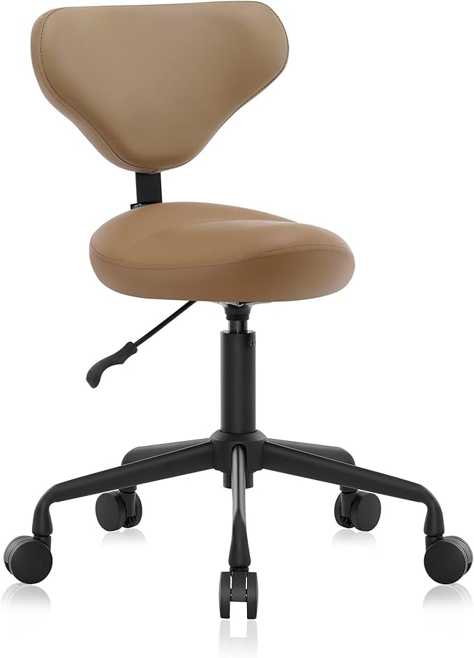 Ergonomic Saddle Seat Adjustable Pneumatic Hydraulic Drafting Swivel Rolling Stool Chair for Medical Hygienic SPA Massage Salon Home and Office - Hilo 508 (Tan, with Backrest)