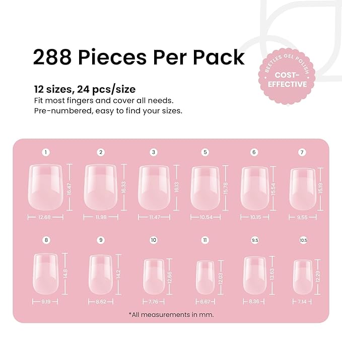 Beetles Gel Nail Tips 288 pcs Extra Short Square Nail Tips 12 Sizes Full Cover Gel Press On Nails Half Matte Acrylic Square Fake Nail Extension Set for Women Home DIY