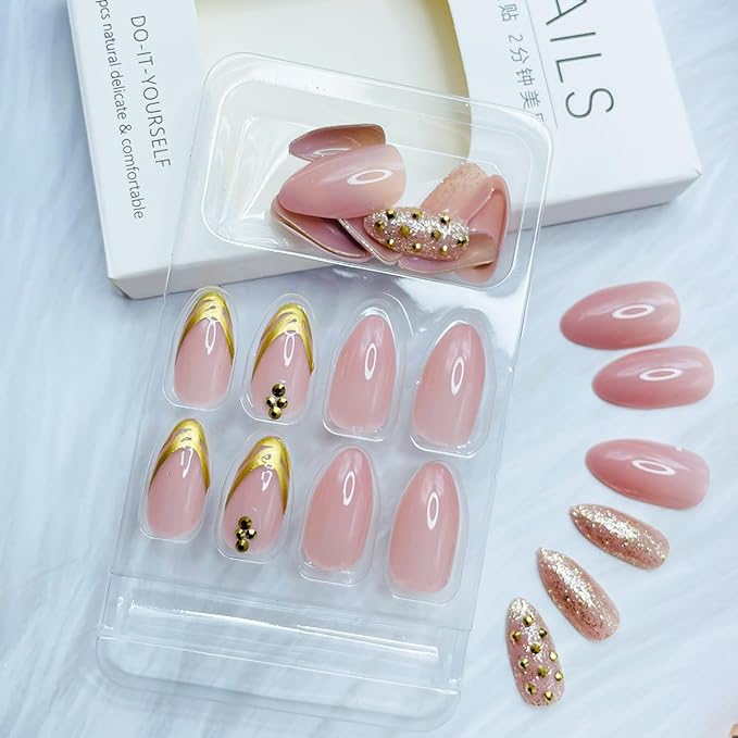 Almond Press on Nails Gold French Tip Fake Nails with Designs Chrome Acrylic Nails Glossy Nude Pink Full Cover Stick on Nails Artificial Almond Nails Tips False Nails for Women Manicure 24Pcs