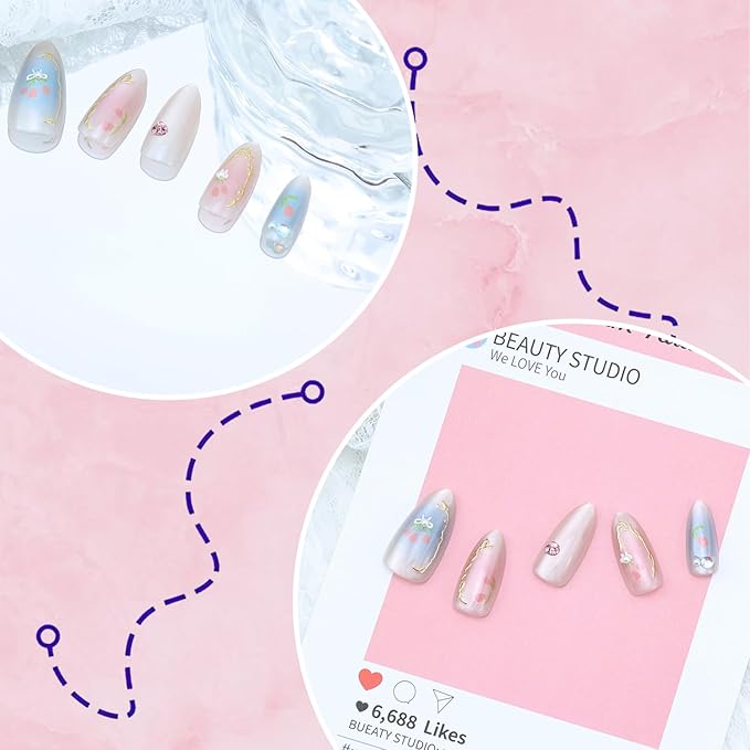 30Pcs Spring Flower Press on Nails Medium Almond Fake Nails with 3D Pearl Rhinestones Gradient Designs Glue on Nails Gold French Line Acrylic Nails Summer False Nails Stick on Nails for Women