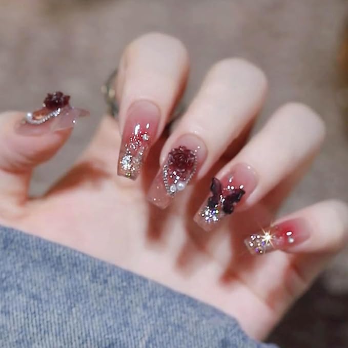 Hkanlre Bling Coffin Press on Nails Fake Nails Tips Full Cover Medium False Gradient Nails for Women and Girls 24PCS (Red Coffin)