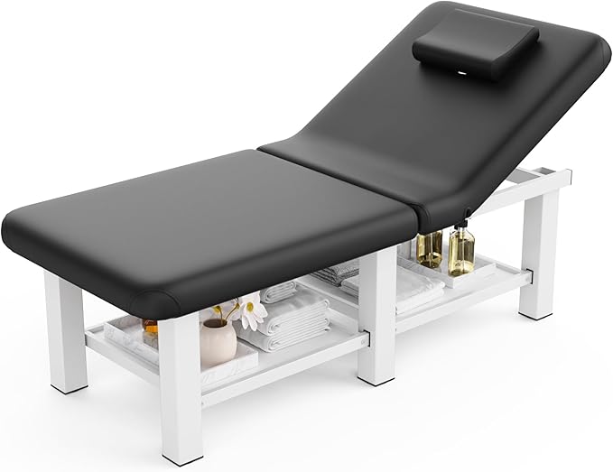 Folding Stationary Massage Table with Backrest and Storage Space, 6 Square Legs Metal Frame PU Leather, 30.5'' Wide × 75'' Long for Treatment Table Physical Therapy Table Spa Facial Bed, Black