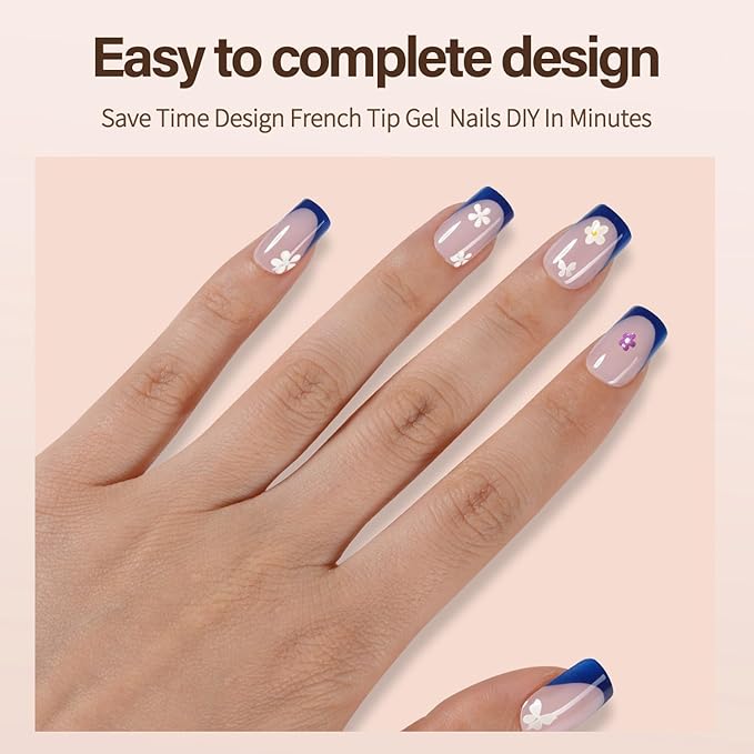 150Pcs French Gel Nail Tips, Vansiho Short Square Nail Tips, Blue Pre-French Tips Press on Nails, Soak Off Soft Gel Acrylic Fake Nails for Nail Art DIY 15 Sizes