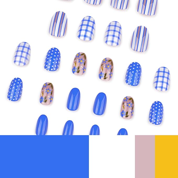 24Pcs Blue Press on Nails Short Almond Fake Nails with Designs Reusable Summer Flower Acrylic Nails Cute Bee Glue on Nails Blue And White Plaid False Nails Solid Color Stick on Nails for Women