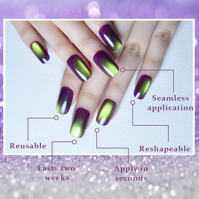 Cat Eye Purple Reflective Green Press On Nails Medium Long Length Square, Designer Reusable Acrylic Fake Nail, Glossy Gel Nails Wedding Party, Stick On Glue On Nail, Nails Press Ons for Women