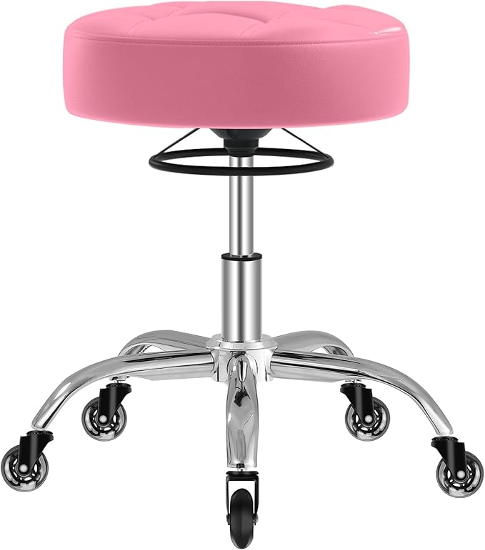 Rolling Stool Heavy Duty 400lb: Super Soft Seat Cushion,360° Swive,Height Adjustability,No Squeaky Noises,No Tip Over,New Upgraded Stool Salon Stool Chair, Tattoo Facial Massage Spa Medical (Pink)