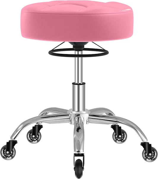 Rolling Stool Heavy Duty 400lb: Super Soft Seat Cushion,360° Swive,Height Adjustability,No Squeaky Noises,No Tip Over,New Upgraded Stool Salon Stool Chair, Tattoo Facial Massage Spa Medical (Pink)