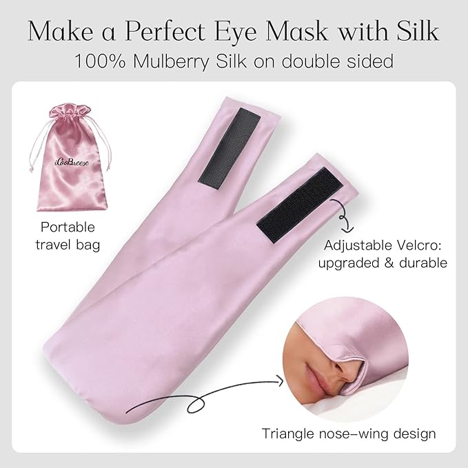 100% Natural Silk Eye Mask for Women Men, Soft Pressureless Cooling Blackout Eye Covers for Sleeping, Large Size Sleep Mask fits All Heads Adjustable, 1PC, Lotus Pink