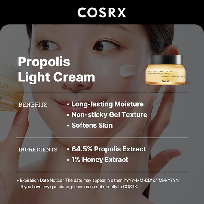 COSRX Full Fit Propolis Light Cream, 2.19 Fl.oz / 65ml, Propolis 64.5%, Hydrating Daily Day and Night Moisturiser, Korean Skin Care, Stocking Stuffers, Holiday Gifts, Gifts For Women