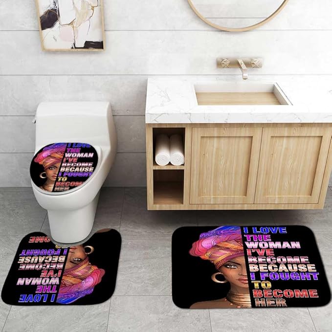 4PCS African American Shower Curtain Set, Black Shower Curtain, Black Girl Magic Afro Girl Black Pride Melanin Queen Black Women Bathroom Decor, Non-slip Bath Mat Inspirational Gifts for Women