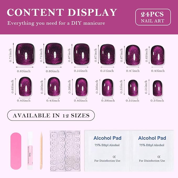 evpct Purple Cat Eye Press on Nails Extra Short Square, Petite Short Press on Glue on Nails for Women Gift, Dark Purple Holographic Glitter Glossy Reusable Stick on Gel Acrylic Fake Nail with Design