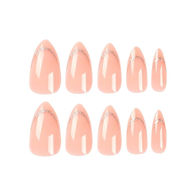 Medium Almond Press on Nails Nude Nature Fake Nails French Tip False Nails with Designs Gold Line Glue on Nails Glossy Full Cover Acrylic Nails Solid Color Stick on Nails for Women 24 Pcs