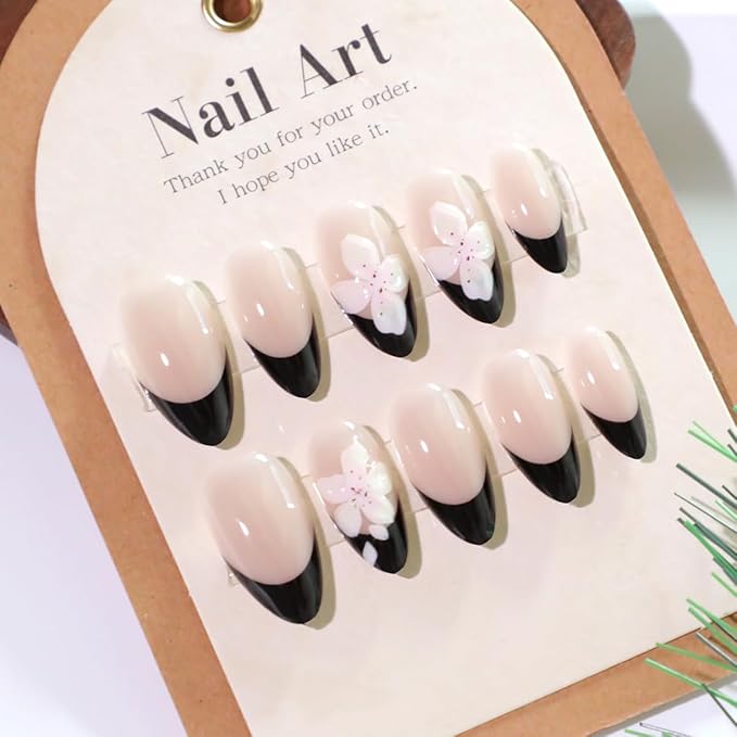 Black French Tip Almond Press On Nails with Glue, Glossy Acrylic Fake Nails with 3D Flower Accent, Medium Stick On False Nails for Women, Reusable Artificial Nails, 24 Pieces Set