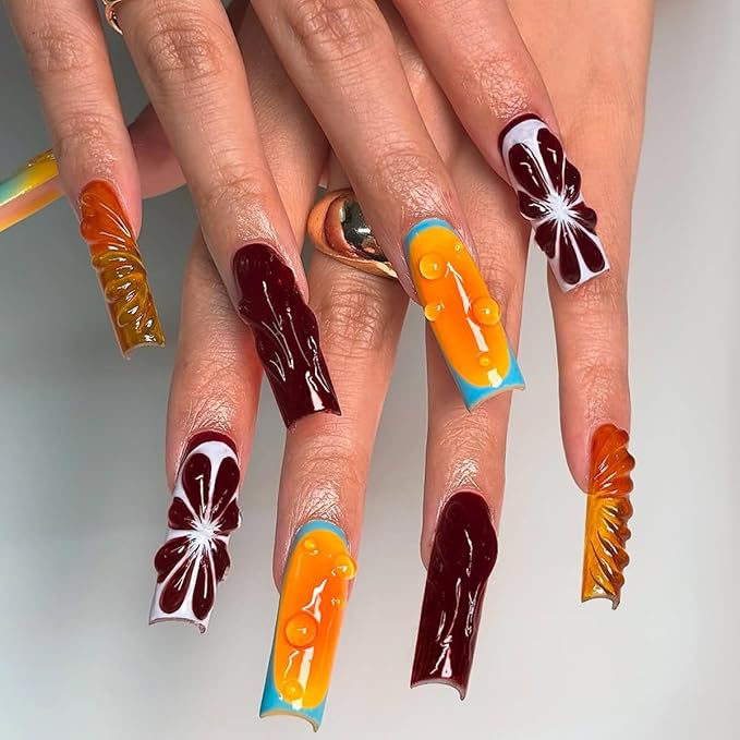 Long Square Press on Nails Wine Red Fake Nails Fruits 3D Water Drip Ripple Design Full Cover Glossy Glue on Nails for Women 24PCS