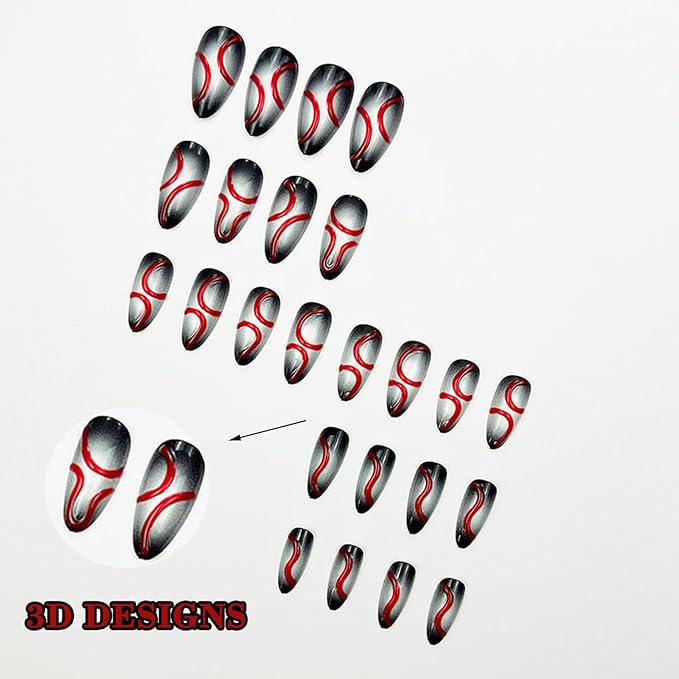 IMRAIN Press on Nails Medium Almond Fake Nails Black White Ombre False Nails with 3D Red Line Designs Full Cover Glossy Y2K DIY Nail Supplies Glue on Nails Stick on Nails for Women Girls 24Pcs