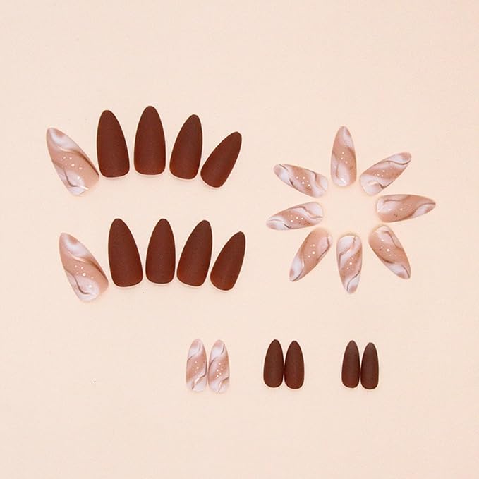 Almond Press On Nails - Marble Design, Glossy Brown, 24 Pcs