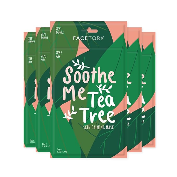 FACETORY K Beauty Face Mask Skin Care - Soothe Me Tea Tree 2-Step Sheet Mask with Tea Tree Extract & Chamomile + Soothing Ampoule | Skin Calming, Acne Clearing (5 Pack)
