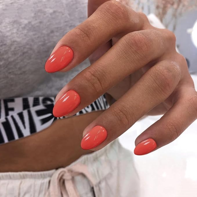 Orange Press on Nails Short Oval Fake Nails Press ons, Thick Solid Color Glue on Nails Short False Nails, Short Almond Nails Oval Round Shaped Nails for Women, 24Pcs Natural Acrylic Gel Nails