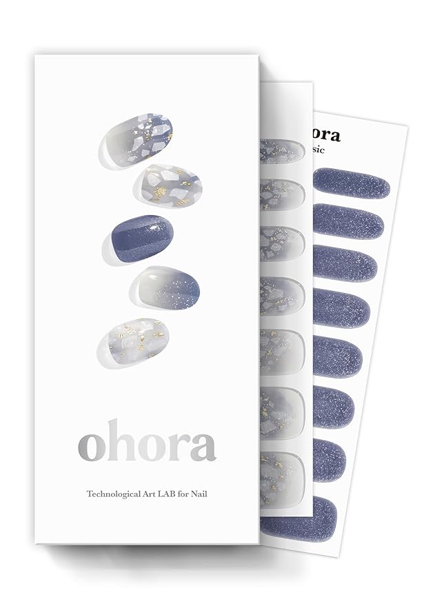 ohora Semi Cured Gel Nail Strips (N Gleam Blue) - Blue, Glitter, Works with Any UV/LED Lamps, Salon-Quality, Long Lasting, Easy to Apply & Remove - Includes 2 Prep Pads, Nail File & Wooden Stick