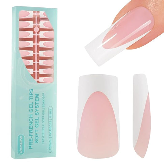 Vansiho Deep French Gel Nail Tips, 150Pcs Long Square Soft Gel Nail Tips, Pink French Tips Press on Nails, Fake Nails for Nail Art DIY 15 Sizes