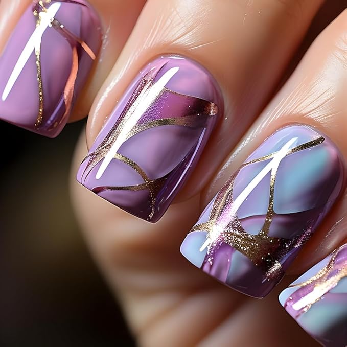 Square Press on Nails Short Purple Fake Nails Marble Acrylic Nails with Design Gradation Gold Line Glue on Nails Glossy Stick on Nails False Nails Kit for Women Girls Manicure Art 24 Pcs