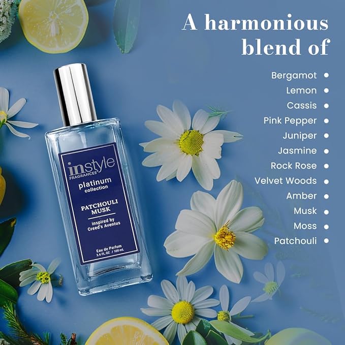 Instyle Fragrances, Platinum Collection, Patchouli Musk, Inspired by Creed's Aventus, Men’s Eau de Parfum, CLEAN, Vegan, Paraben-Free, Phthalate-Free, Never Tested on Animals, 3.4 Fluid Ounces