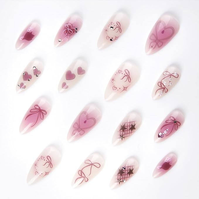 24Pcs Press on Nails Medium with Handmade Pearl Heart Star Design Pink Smudged Almond Nail Shape Acrylic Nails False Nails French Manicure Nail Tips Rhinestones Love Stick on Nails for Women