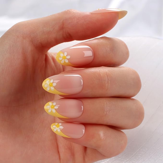 Yellow French Tip Press-On Nails with White Daisy Design, Almond Shape, Glossy Reusable Fake Nails, 24Pcs Full Cover Manicure Set