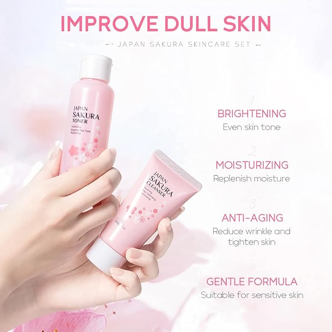 SAKURA Skin Care Set, Skin Care Sets & Kits Women Girls Gift Set with Cleanser, Face Serum, Face Cream, Toner, Eye Cream, Travel Size Skincare Set for Women Teen Girls Birthday Christmas Gift (SAKURA)