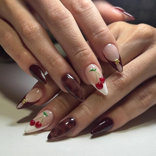 Long Almond Press on Nails Burgundy Nude Cherry Fake Nails with Gold Studs Elegant Vintage False Nail Stick on Nail for Women 24pcs