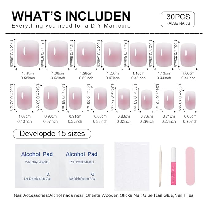 Pink Ombre Press On Nails Short Square, Gradient French Tip Designer Fake Nail Reusable Real Acrylic Nails for Women, Glossy Soft Gel False Nail with Glue On Nails, Wedding Stick On Nail