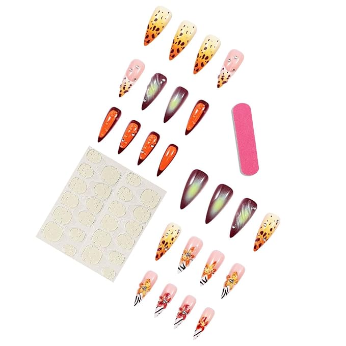 Long Almond Press on Nails Zebra Artistic Party Fake Nails Floral Leopard Stick on Nail for Women 24pcs